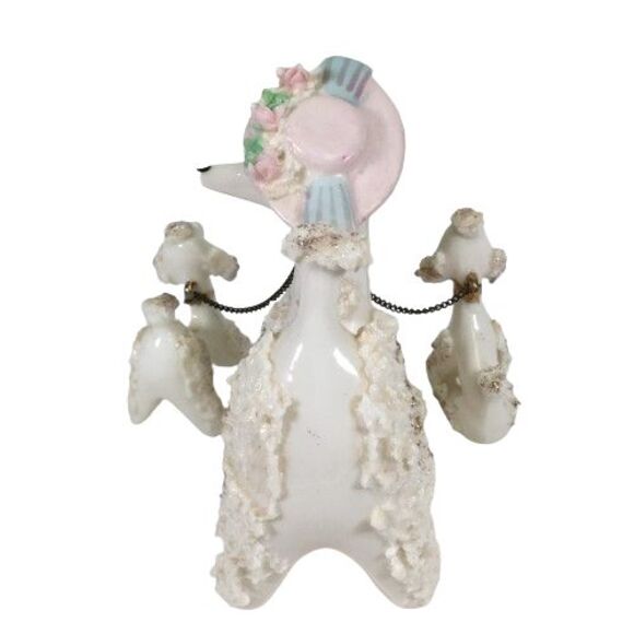 Vintage Spaghetti Poodle Dog Mother w/Two Babies Puppies on Chain Blue Pink Hat - Picture 5 of 16